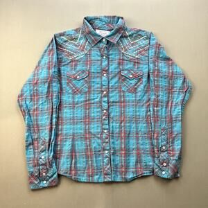 Panhandle Western Shirt Womens Large Blue Red Plaid Pearl Snap Bedazzled Cowboy